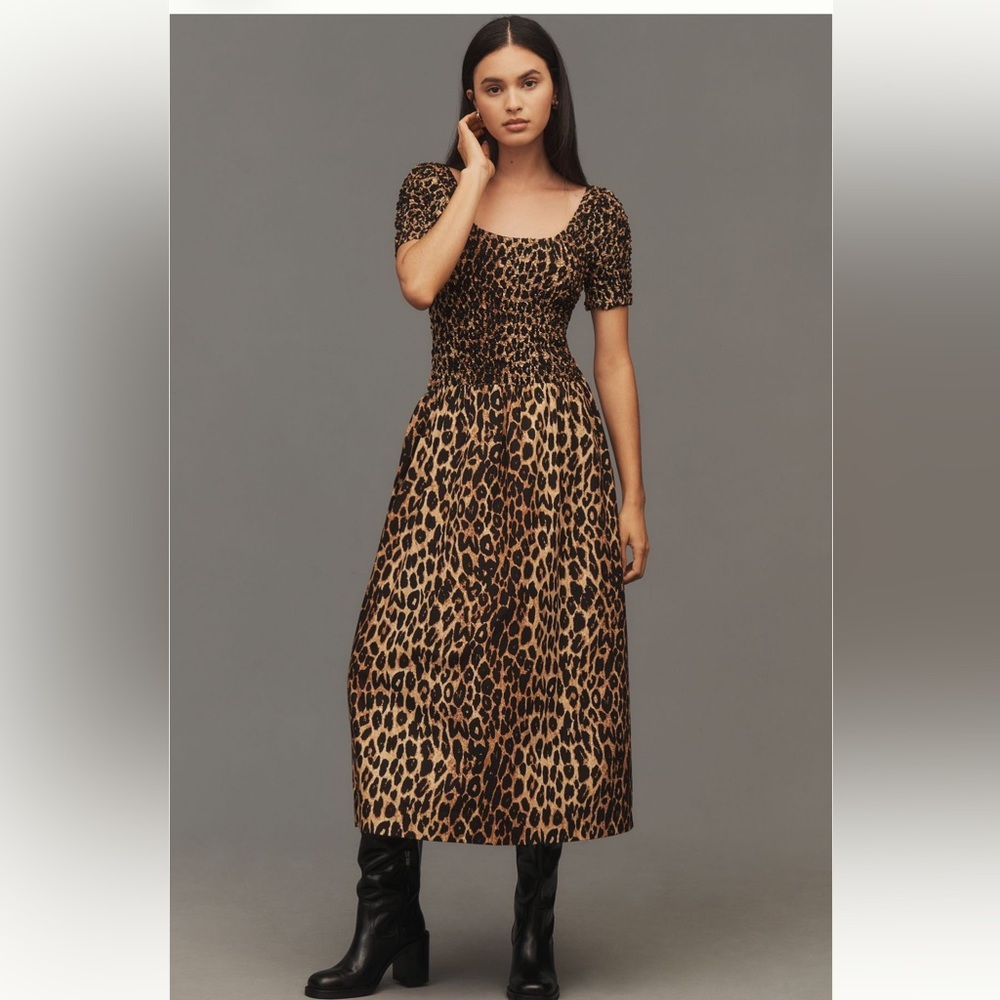 Leopard Print Midi Dress with Smocked Bodice